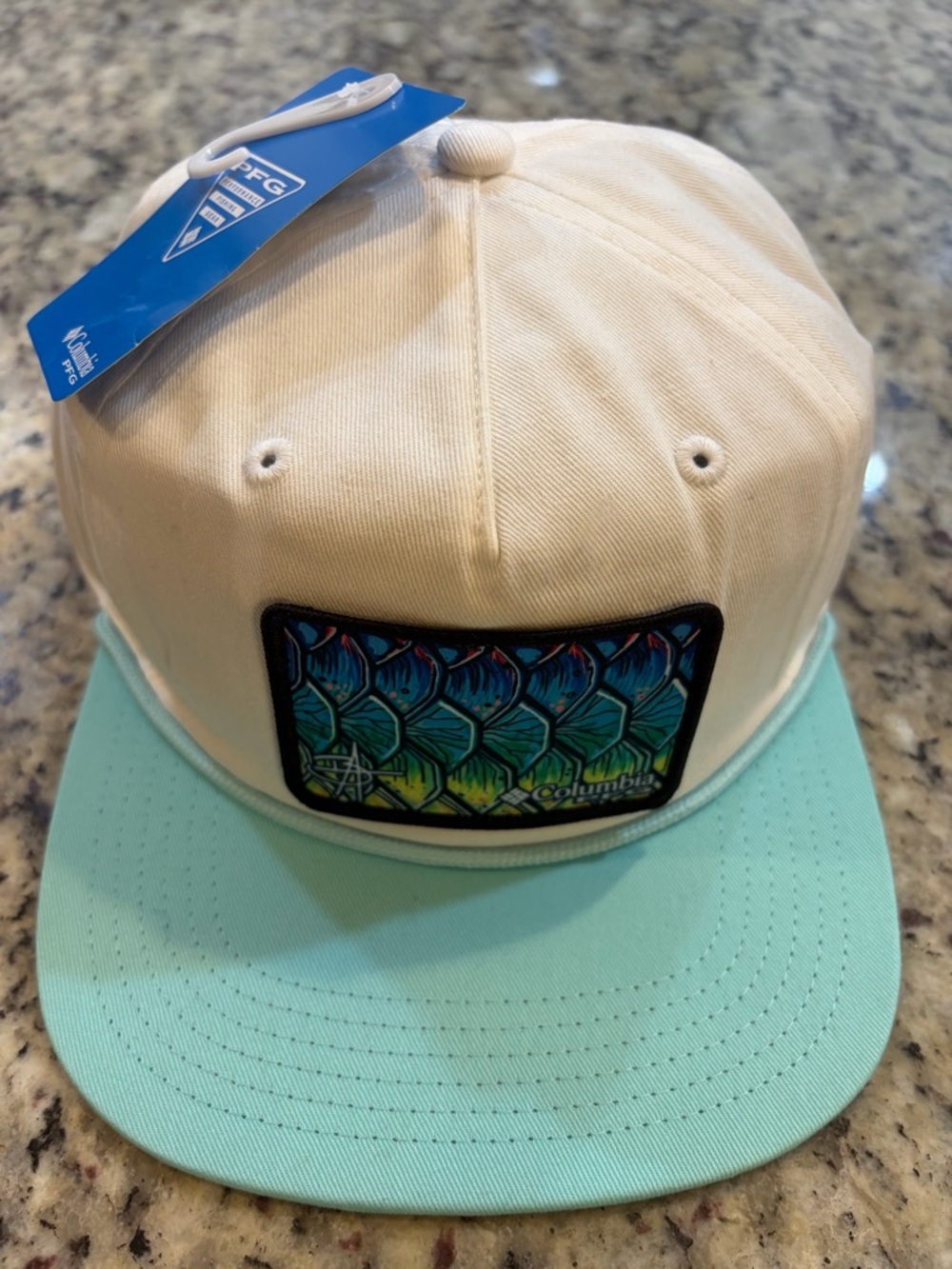 Columbia Cream and Aqua Fish Scale Patch Snapback Hat